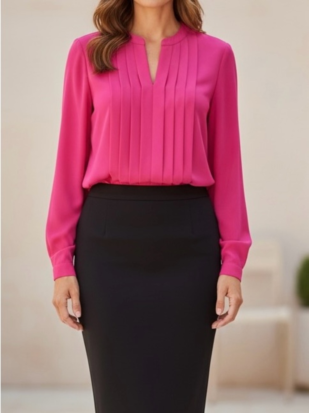 Anne Klein Fuchsia Pink Pleated V-Neck Blouse